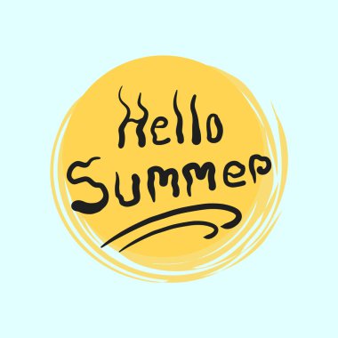 Merhaba, el yazıyla yazılmış tişört, seyahat, plaj mektupları. Merhaba yaz vektör illüstrasyonu güneş gözlüğü, erik ağacı.