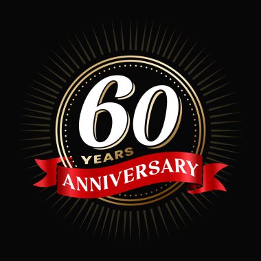Kırmızı kurdeleli ve altın renkli halka şeklinde kutlama elemanlarıyla altmış yıllık logo tasarımı. 60. evlilik yıldönümü posteri, şablon. Şirketin 60 yıllık başarı afişi siyah arkaplanda.