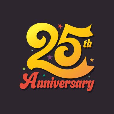 Üzerinde altın renkli metin, kurdele ve siyah arka planda yıldızlar olan 25. yıl dönümü logosu. 25 Yıl Şablonu, rozet, çıkartma, poster, afiş, davetiye, düğün, jübile ve tebrik kartı.