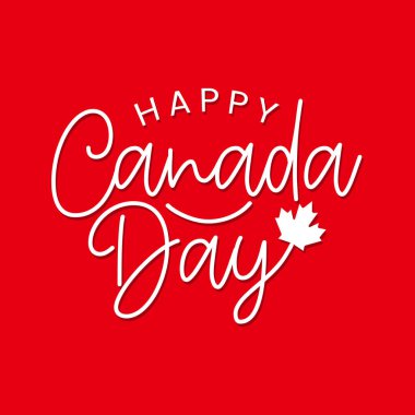 Kırmızı akçaağaç yaprağı vektörlü Kanada Günü 'nüz kutlu olsun. 1 Temmuz 'da Kanada gününü kutlamak için el yazısıyla yazılmış mektuplar. Tebrik kartı, poster, afiş. kırmızı renk arkaplanı.