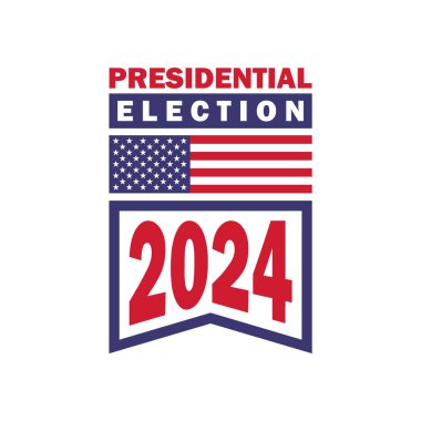 Beyaz arka planda Amerikan bayrağı olan 2024 ABD başkanlık seçimleri rozeti. ABD siyasi kampanya afişi, poster, şablon tasarımı. 2024 tipografi vektör illüstrasyonuna oy verin.