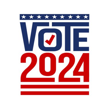 ABD başkanlık seçimleri için kırmızı ve mavi yazılı 2024 logosuna oy verin. Seçim çıkartması, rozet, etiket, poster, afiş, tebrik kartı. Yıldızlar ve ABD bayrakları Vektör illüstrasyonları.