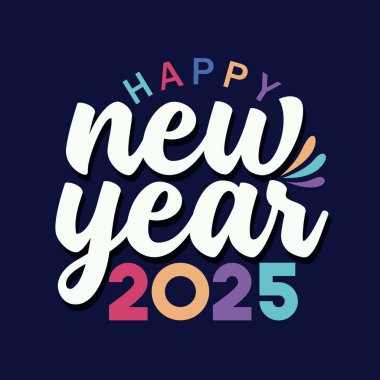 Mutlu yıllar renkli tipografi tebrik kartı temsili. Yeni yıl 2025 afiş, afiş, sosyal medya postası tasarımı. El yazısı harf kapağı, dilek kartı. 