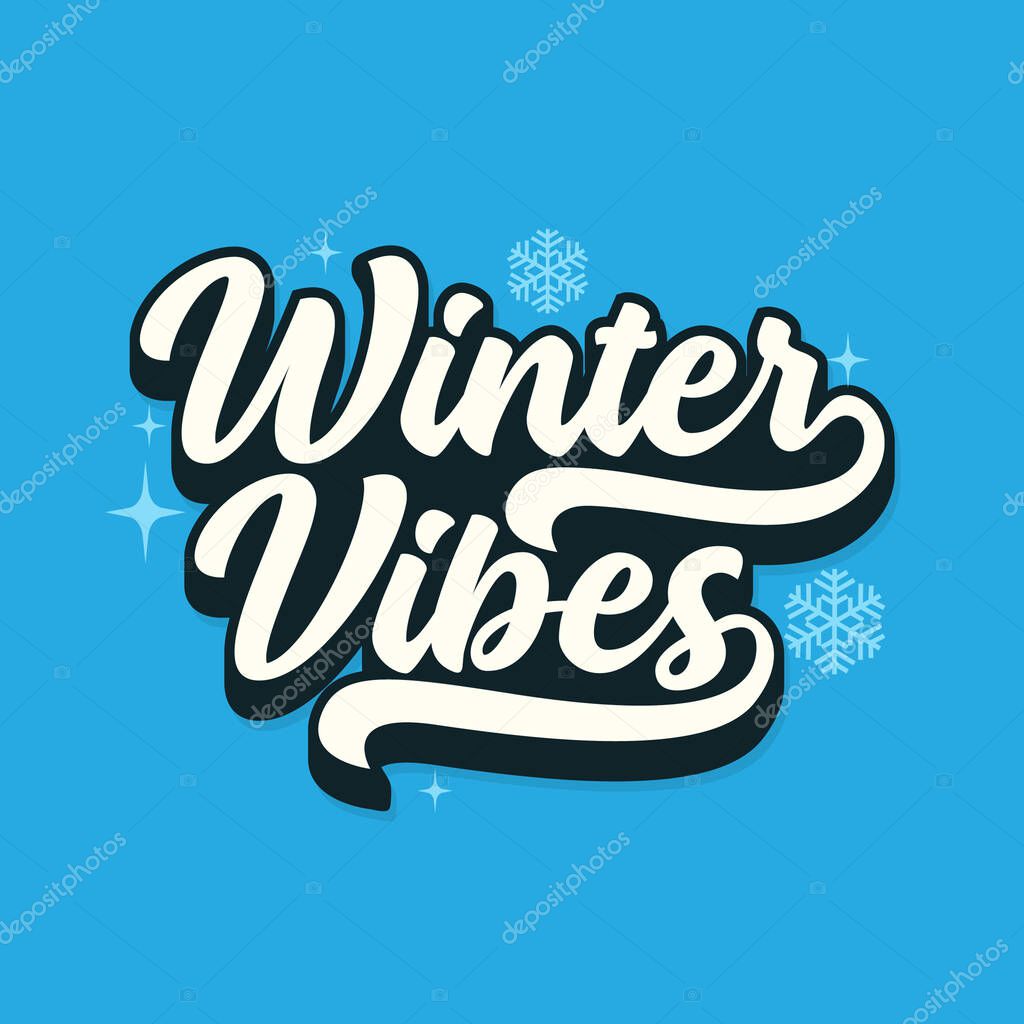 Winter vibes retro style typography vector illustration with snowflake on blue background. winter phrase greeting card, poster, banner. winter editable text logotype.