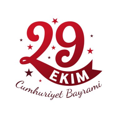 29 Ekim Cumhuriyet Bayrami tipografi vektör çizimi yıldızlı ve kırmızı harfli bir kurdele. Türkiye Cumhuriyet Günü 29 Ekim 'de kutlandı. Türkiye Cumhuriyeti bayrağı, afişi, rozeti, çıkartması