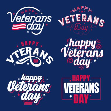 Gaziler Günü vektör tipografisi seti. ABD Gaziler Günü düzenlenebilir metin, logo, rozet, etiket, basım etiketi. Amerikan ordusu ve hizmet edenleri onurlandırdığı için teşekkürler. Gaziler Günü posteri, afişi, kartı.
