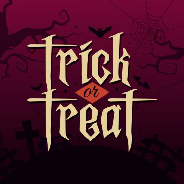 Yarasalar ve korku ağacı ile korkunç tipografi vektör çizimi. Cadılar Bayramı bayramı için afiş, poster, tebrik kartı. Mutlu Cadılar Bayramı logosu, çıkartması, etiketi