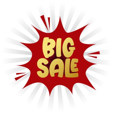 Komik konuşma balonunda büyük indirim etiketi. Ticari promosyon için süper indirim unsuru. Büyük indirimli altın rengi 3D metin. Satış simgesi, etiket, rozet vektörü illüstrasyonu.