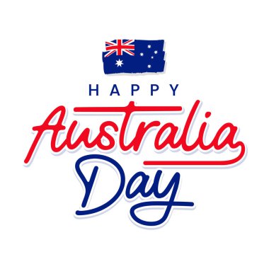 Avustralya Günü 'nün beyaz zemin üzerinde Avustralya bayrağı bulunan tipografisi kutlu olsun. Avustralya Günü 'nü kutlamak için kırmızı ve mavi el harfleri çizildi.. 