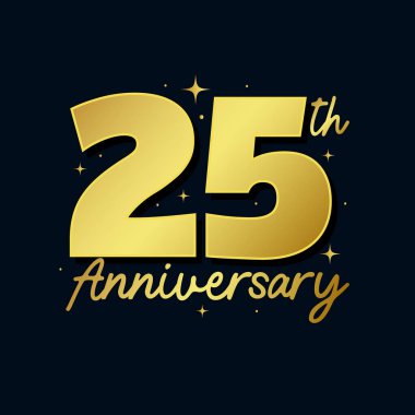 Siyah arka planda 25. yıl dönümü altın rengi lüks logosu. Yirmibeş yıl yıldönümü logosu kutlaması. İş dünyası ya da kişi 25 yıllık doğum günü posteri, afişi, mesajı.