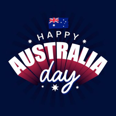 Kıvrımlı yazı ve mavi arka planda izole edilmiş Avustralya bayrağı ile Mutlu Avustralya Günü afişi tasarımı. Avustralya 'nın Bağımsızlık Günü' nü kutlamak için düzenlenebilir tipografi logosu. Yıldız vektörü.