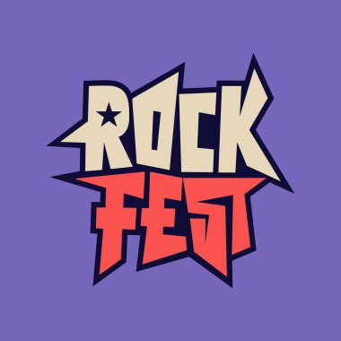 Özel tipografi vektör illüstrasyonlu Rock Fest logosu. Müzik partisi logosu. Rock festivali çıkartması, etiket, rozet, afiş, poster, şablon. Tişört izi için uygun. 