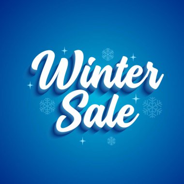 Mavi arka planda izole edilmiş 3D metin efektli kış indirimi afiş şablonu. Soğuk mevsim tatil tebrik kartı. Kar taneleri vektör resimli kış indirimi logosu.