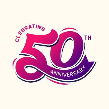 50 'nci yıl dönümü kutlaması için kurdele ikonlu el logosu çizildi. 50. evlilik yıldönümü tebrik kartı, şablon, poster, pankart. 50. yaş günü kutlama rozeti, etiket, etiket.