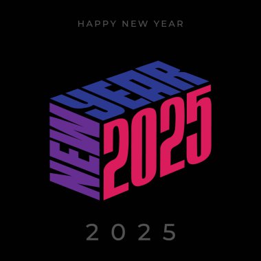Yeni yıl 2025 Geometrik üç boyutlu metin efekti siyah arkaplanda izole edildi. Yeni yıl arifesini kutlamak için renkli 2025 logosu. Modern Etiket, etiket, düzenlenebilir vektör illüstrasyonu.