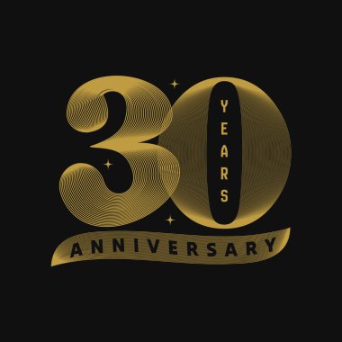 30 'uncu yıl dönümü altın metin logosu. 30. evlilik yıldönümü tebrik kartı, afiş, şablon, poster tasarımı. Zarif marka için lüks metin efekti. Dekoratif harf vektör illüstrasyonu.