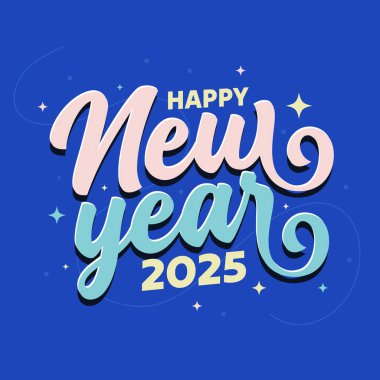 Mutlu yıllar 2025 dekoratif tipografi tebrik kartı mavi arka planda. El çizimi yeni yıl 2025 yazı posteri, afiş, şablon tasarımı. Yeni yıl logosu, etiket, etiket, etiket.
