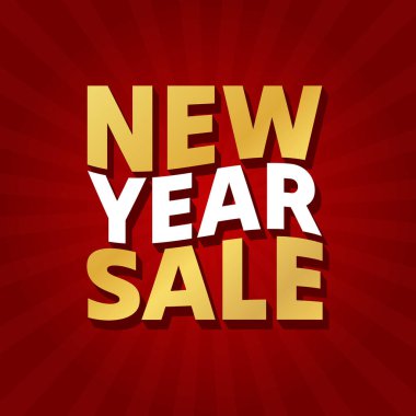 Kırmızı arka planda yeni yıl satış şablonu. Yeni yıl indirimi afişi, poster, çıkartma, etiket, rozet. İş tanıtımı için modern tipografi vektörü illüstrasyonuName.