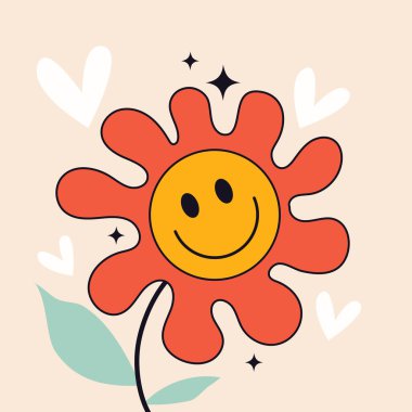 Gülen suratlı harika bir çiçek. Sevimli bir ayçiçeğinin moda sanat vektör çizimi. Yaz çiçeği retro karakteri. Doodle sanatı. 70 'ler tarzında el çizimi çiçek simgesi.