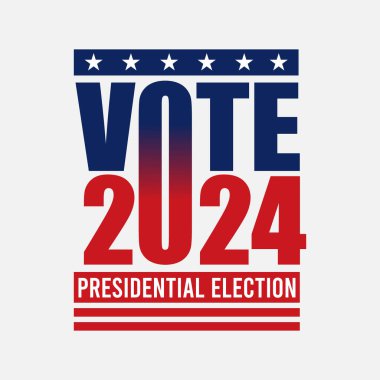 2024 ABD Başkanlık Seçimleri 3d tipografi şablonu tasarımına oy verin. Siyasi etkinlik afişi, kart, poster tasarımı. Amerikan bayrağı kırmızı ve mavi renginde 2024 Başkanlık Seçimleri. Oylama günü