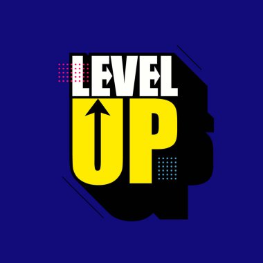 Modern tipografi logosu tasarımını yükselt. 3D metni okla aynı seviyeye getir. Oyun şablonu, afiş, poster için düzenlenebilir vektör metni. Mavi arkaplanda kalın harfler.