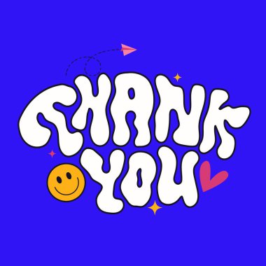 Kalpli tipografi tebrik kartı, gülümseme emoji ikonu. Selamlama için modern dalgalı yazı tipi. Teşekkürler. El yazısı çıkartması, Şükran Günü için logo. Vektör resimleme şablonu