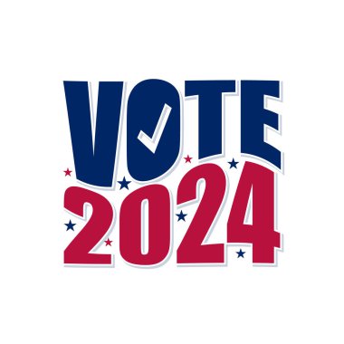 Beyaz zemin üzerinde kırmızı ve mavi Amerikan bayrağı bulunan tipografi rozeti tasarımı 2024 'ü seçin. ABD başkanlık bayrağı, şablon, poster, tebrik kartı illüstrasyonu.