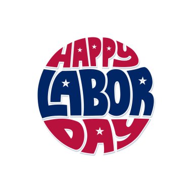 İşçi Bayramı 'nın logosu, rozeti, etiketi ve etiket çizimi kutlu olsun. Birleşik Devletler İşçi Bayramı tebrik kartı, poster, afiş. Amerikan bayrağı rengi kırmızı ve mavi işçi günü metni.