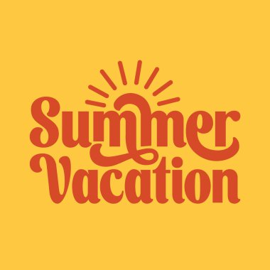 Sarı arka planda güneş ikonu olan yaz tatili afişi tasarımı. Poster, şablon, broşür, tebrik kartı ve tişört baskısı için yaz logosu çıkartması. Düzenlenebilir metin vektör illüstrasyonu.