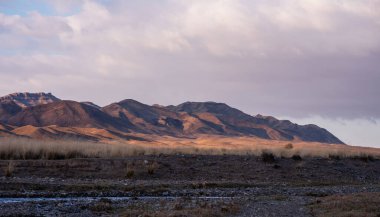 İnanılmaz çöl manzarası. Çöl dağlarının güzel manzarası. Çölün orta kesimindeki tek renkli dağlar. Kuru çimenler ve bulutlu gökyüzü.