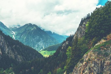 Kayalıklara bak. Rocky Dağları. Arka planda yeşil dağ vadisi. Tonu ayarlanmış resim.