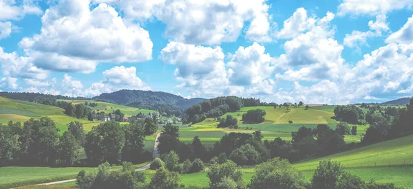 Panoramatický Pohled Idylickou Scenérii Zemědělské Půdy Čerstvými Zelenými Loukami Krásný — Stock fotografie
