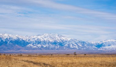 Valley with dry autumn grass and snow-capped mountains in the background. Blue frosty air. Stunning mountain landscape in the north of the Himalayan range.
