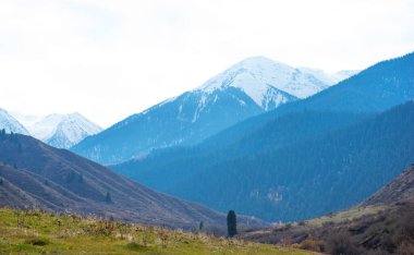 Panorama of a mountain landscape in northern China with snow-capped mountains. Foggy autumn day with first snow in Qitai county Xinjiang Uygur Autonomous Region, China.