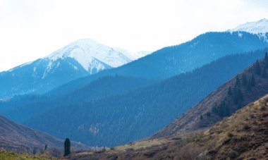 Panorama of a mountain landscape in northern China with snow-capped mountains. Foggy autumn day with first snow in Qitai county Xinjiang Uygur Autonomous Region, China.
