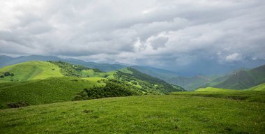 Yağmurlu bir günde bulutların içindeki dağlar ve sis. Dağ sırtında güzel yürüyüş patikası, yeşil manzara.