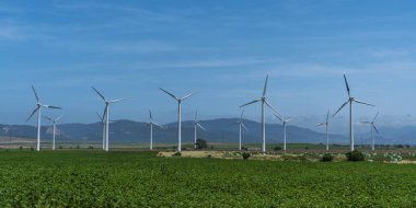 İspanya 'da kırsal alan. Dağların arka planında yeşil sebze tarlası ve rüzgar türbinleri. Ekoloji konsepti. Tarım manzarası.