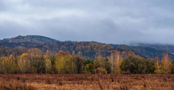 Jesienny Krajobraz Wzgórzami Sylwetką Pasma Górskiego Pod Dramatycznym Zachmurzonym Niebem — Zdjęcie stockowe