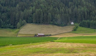 Summer scene of rural landscape in the mountains of Italy. Colorful bright panorama of the Gardena Valley. Morning in the Dolomites, South Tyrol.