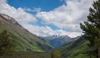Öğleden sonra güzel dağlık alan güneşli. Dağlardaki güzel bahar manzarası. Otlak arazisi ve tepeler. Yeşil çimenler ve mavi gökyüzü. Uzakta karla kaplı zirveler.