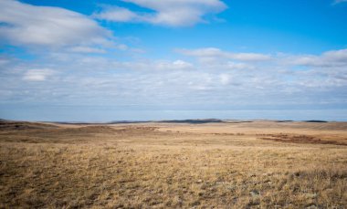 Savana, uzaktaki kuru sarı çimenler ve tepelerle kaplıydı. Mavi gökyüzünde beyaz bulutlar. Namibya 'da çöl. Sıcak bir gün. Afrika 'ya seyahat.