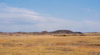 Savana, uzaktaki kuru sarı çimenler ve tepelerle kaplıydı. Mavi gökyüzünde beyaz bulutlar. Namibya 'da çöl. Sıcak bir gün. Afrika 'ya seyahat.