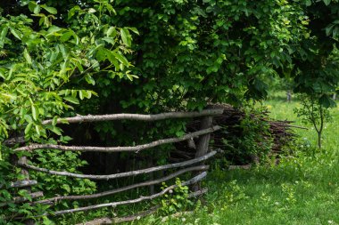 Eski ahşap çitler, yeşil tarla mavi gökyüzü ve yukarıda beyaz bulutlar. Ahşap çatallı çit arka planı. Etrafı çitlerle çevrili eski ahşap çitler ve kır çiçekleri..