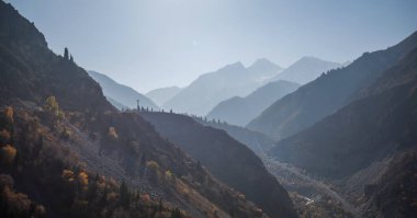 Renkli sonbahar dağlarında sisli bir şafak. Uzaktaki dağlar mavi bir sisle sıralanır.