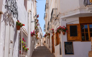 Eski köy. Büyüleyici eski sokaklar. İspanya 'da cephesinde saksıları olan tipik güzel bir köy..