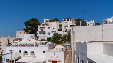 İspanya, Costa Blanca 'da geleneksel beyaz evler. Çiçekli güzel bir cadde. Bir sürü renkli çiçek çalısı ve beyaz evleri olan küçük bir köyde sessiz bir cadde..