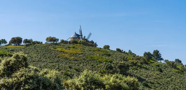 Typische Alte Spanische Windmühlen Auf Einem Hügel Inmitten Einer Grünen lizenzfreie Stockfotos