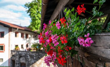 Traditional alpine houses with flowers on balcony. Colorful and picturesque village. Alpine village houses decorated with flowers street view.