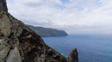 Galiçya, İspanya ve Avrupa sahillerindeki Cabo Ortegal deniz fenerinin yakınındaki Atlantik kıyısına bakın. Çiçekli bahar kıyı bitkileri. Atlantik Okyanusu 'na bakan görkemli kıyı şeridi.