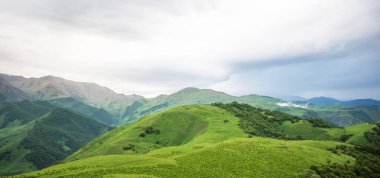 İlkbaharda bulutlu ve yağmurlu bir gün, düşük fırtına bulutları. Dağ manzarası. Gürcistan, Kafkasya 'daki vadi manzarası ve yemyeşil otlaklar inanılmaz. Vadi yüksek sıradağlarla çevrili..